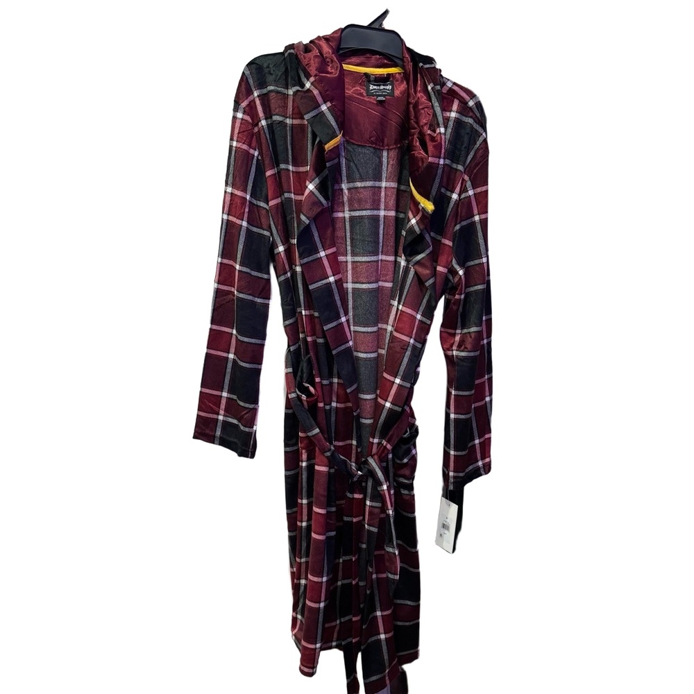 New M Dogg Supply Light Fleece Hooded Lounge Robe Mens Snoop Dogg Burgundy Plaid